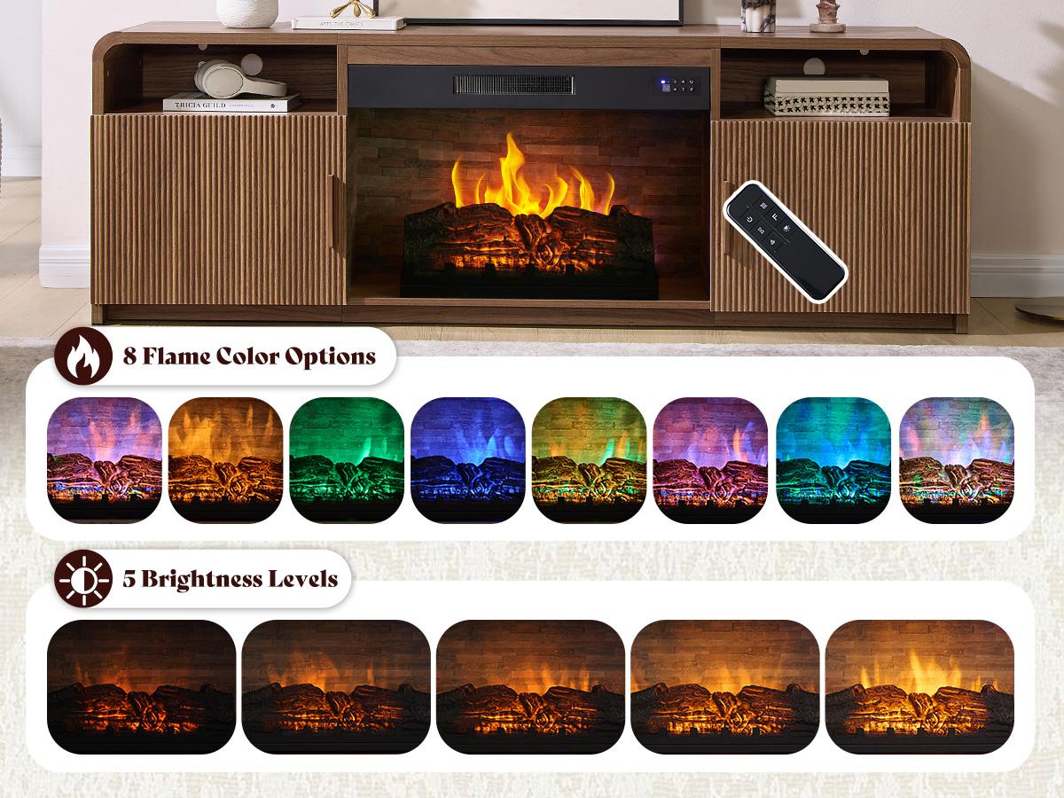 AMERLIFE 70" Fluted Fireplace TV Stand for TVs Up to 80", Modern TV Console with 30" Electric Fireplace & Storage Cabinets, Media Entertainment Center for Living Room