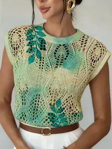 Women's Mint Gradient Leaf Print Round Neck Sweater, Casual Loose Fit Knit Top, Breathable Summer Fashion, All Seasons Wear