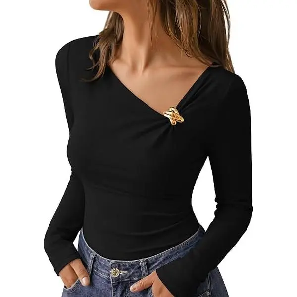 Women's Asymmetrical Long Sleeve Ruched Going Out Tops | Slim Fit, Gold Buckle, Soft Knit Fabric, Business Casual, Work Office, Everyday Wear, Y2k Fall Fashion Outfits 2026