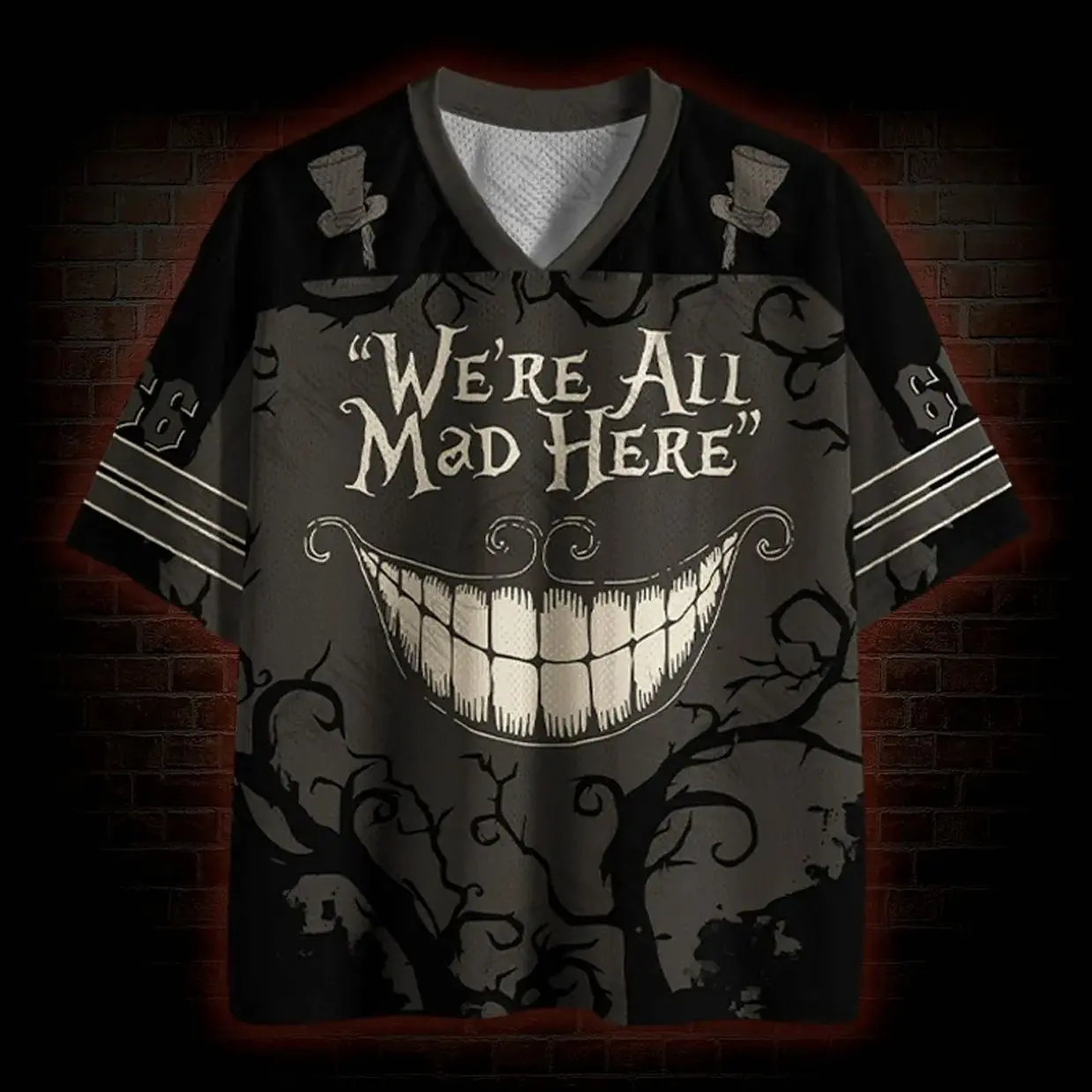 We're All Mad Here Mesh Jersey → We're All Mad Here Mesh Jersey, Whimsical Fantasy Graphic Sports Jersey, Oversized Baseball Style Mesh Shirt, Casual Streetwear O26