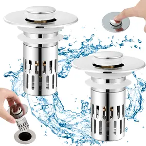 Two Universal Upgraded 3-in-1 Bathroom Sink Stopper, Stainless Steel Filter Basket Hair Catcher, Pop-up Drain with Removable Design, Anti-Odor Stopper
