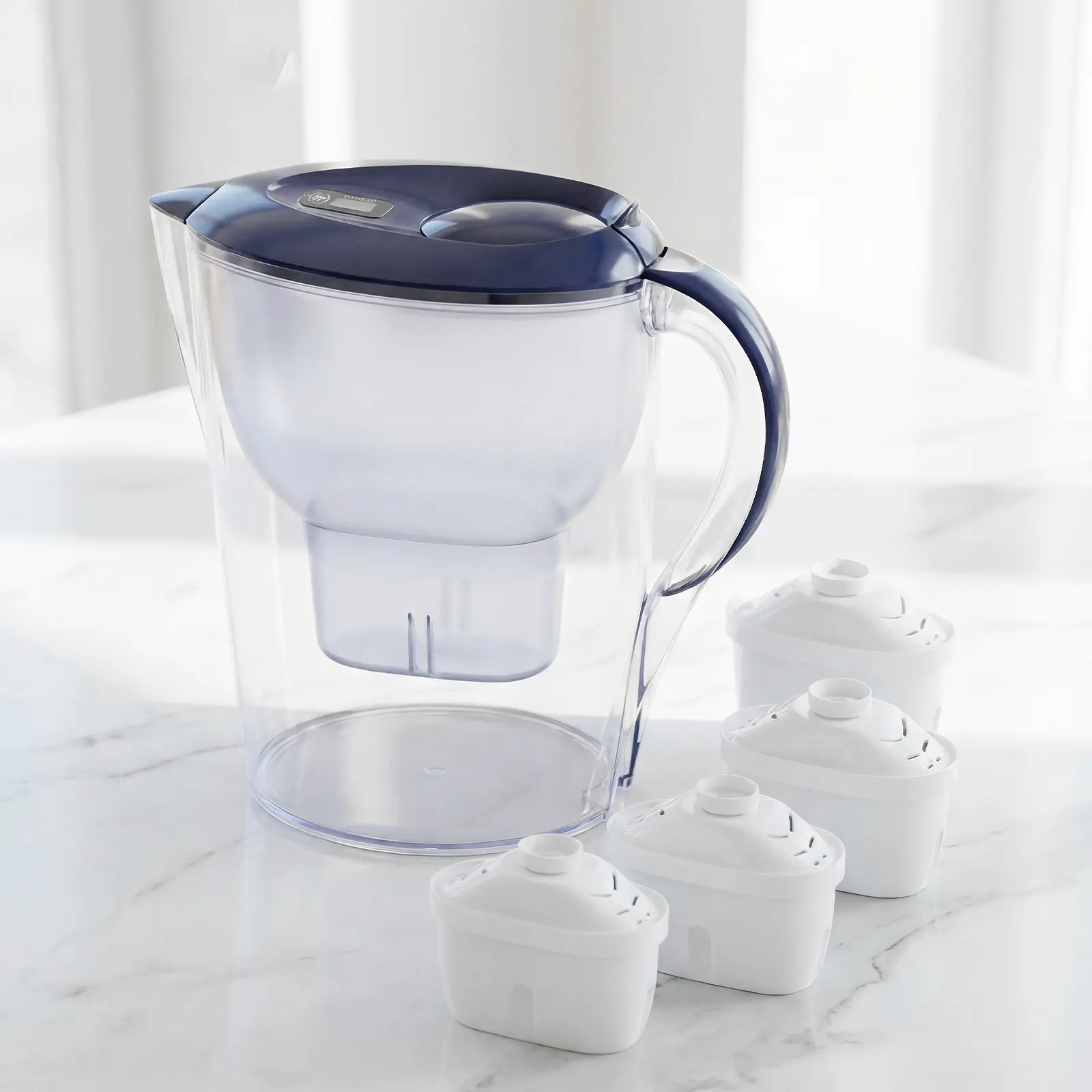 Plastic Water Pitcher, Stylish 10-Cup 3.5L BPA-Free Model with Lid and 4 Filters, TDS-Reducing, Standard Fridge-Sized for Clean Drinking Water, Spigot Water Jug