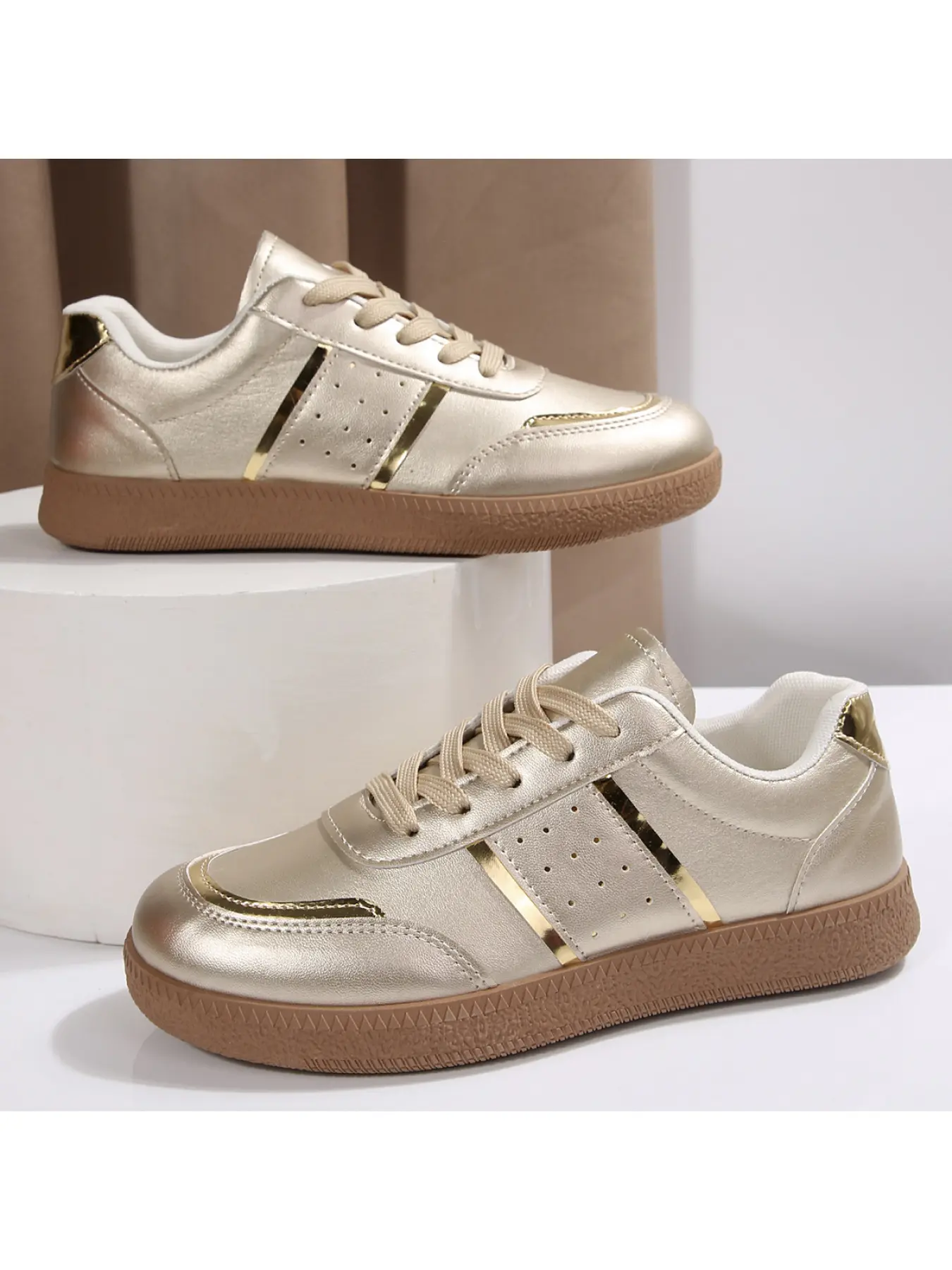 1 Pair of Elegant Metallic Women's German Trainers | Retro Trendy Style | Shiny  Upper + Anti-Slip Rubber Sole + 2.5cm Height Boost | Daily Outings/Commute Wear, Must-Have Versatile Comfort Shoes for Trendsetters