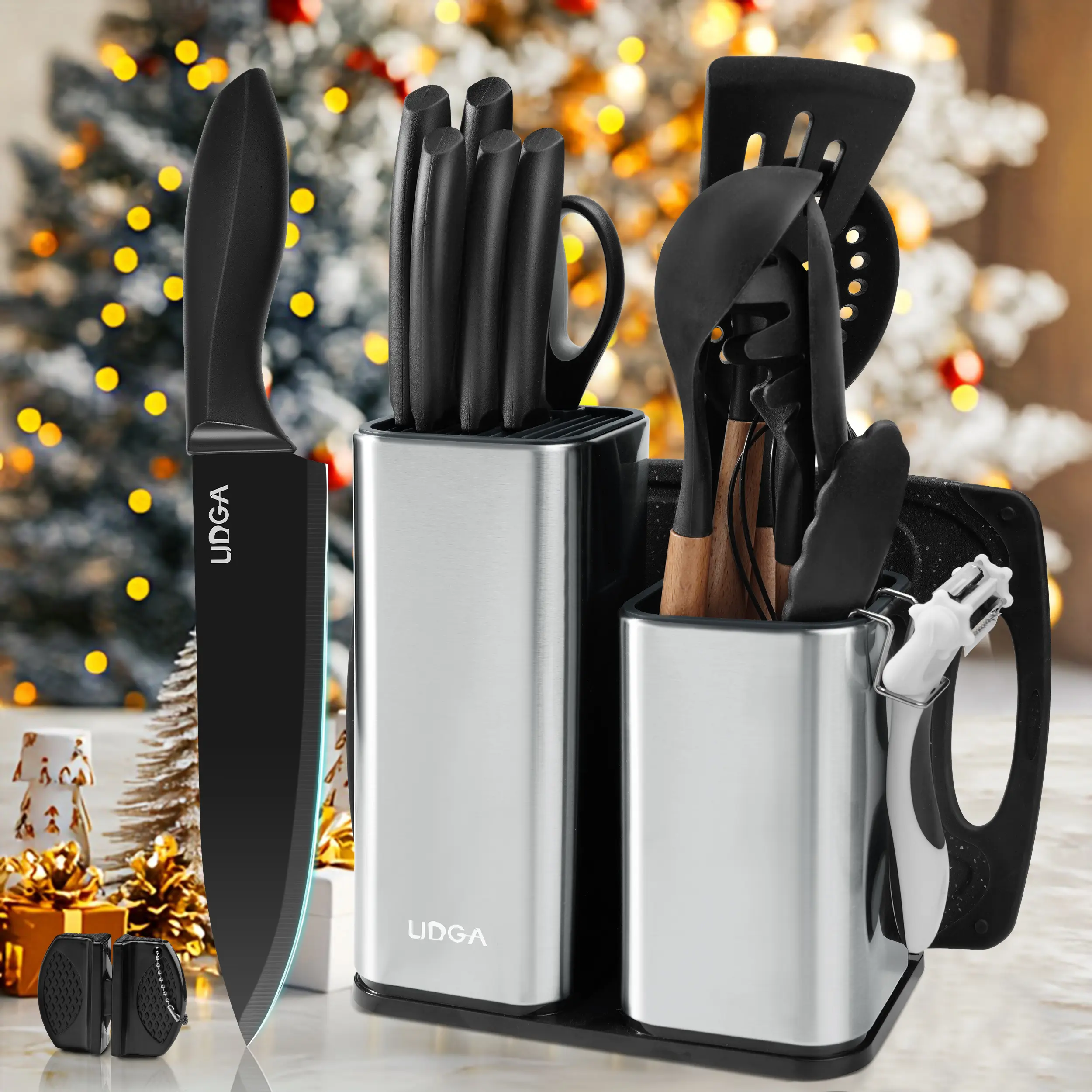 Utensils Set with Storage Rack 19 kitchen knife sets-Kitchenware sets, cooking tools and sharp knives, stainless steel brackets and cutting boards, dishwasher safety, apartment kitchen necessities, ladies' gifts/Christmas gifts.