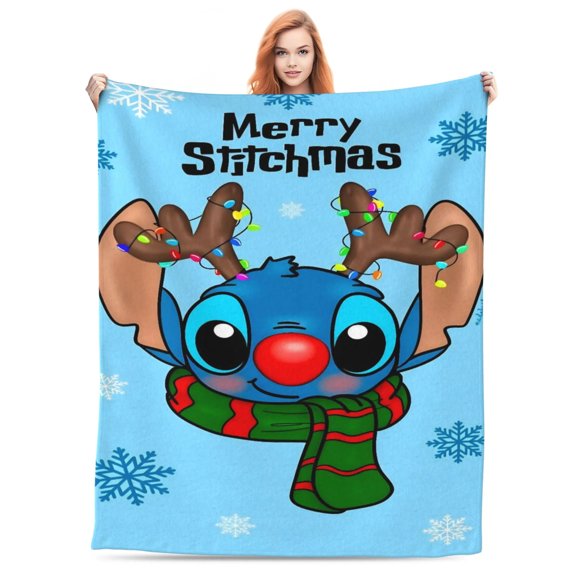 [SummerVibes] DISNEY CLASSIC Lilo & Stitch Merry Stitchmas Reindeer Soft Throw Blanket - Festive Plush Blanket with Christmas Lights & Snowflakes for Bedroom, Sofa, Holiday Decor & Gift