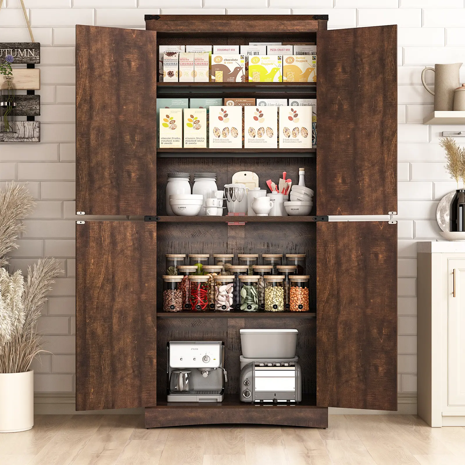 71in Farmhouse Cupboard Tall Storage Cabinet, Kitchen Pantry Storage Cabinet with 4 Barn Doors and Adjustable Shelves, Rustic Storage Cabinet for Kitchen,Bathroom,Living Room (Brown/White)