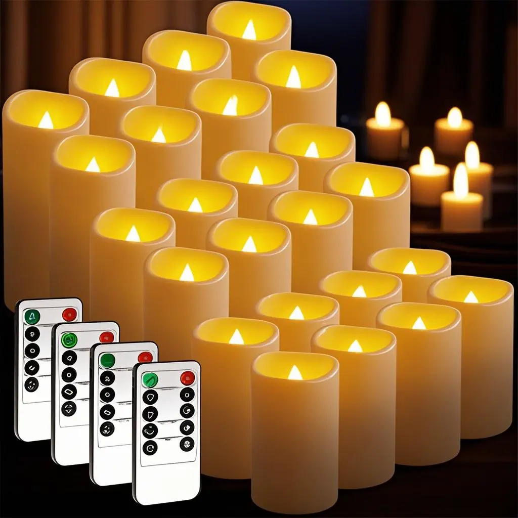 24 Ivory Pillar Battery-Operated LED Flameless Decorative Candles (2.2" L x 3" W x 4"-5" H) with 4 Remote Controls, Warm Yellow Light for Mood Lighting, Indoor Lighting, Christmas Decor