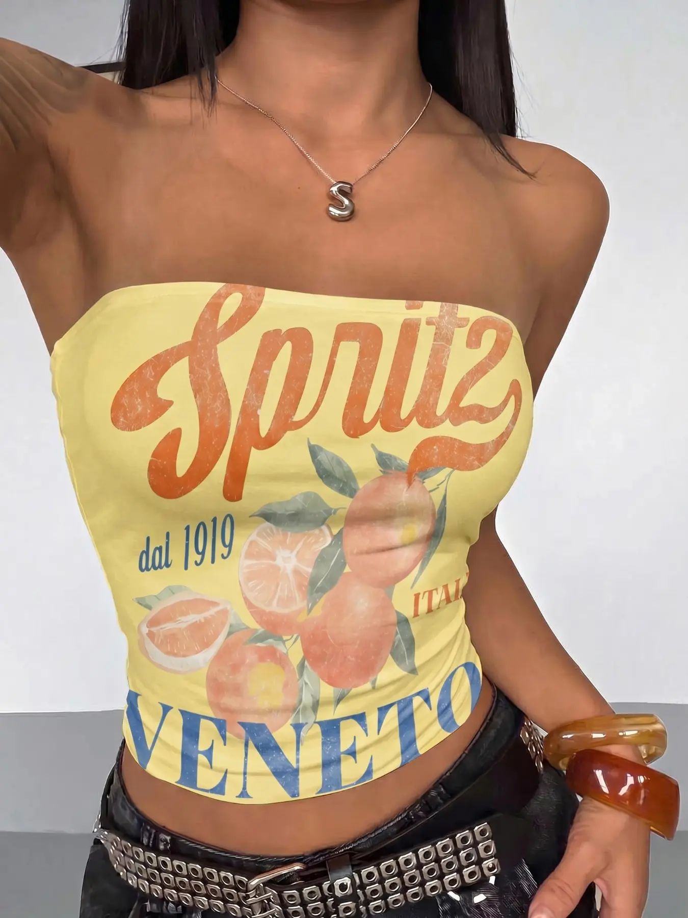 Women's Yellow Spritz Citrus Leaf Print Tube Top / Strapless Form-Fitting, Retro Vintage Italian Style, Sizes XS-XL for Casual & Summer Wear