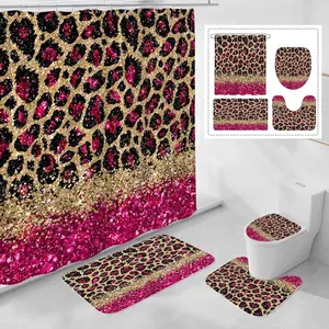 4 count Hot Pink Leopard Print Shower Curtain Set with Non-Slip Rugs, Toilet Lid Cover and Bath Mat,    Bathroom Decor Set with Shower Curtain and Rugs(Hooks Not Included)