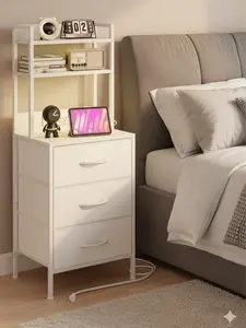 Tall Nightstand with Charging Station, 41 Inch Led Night Stand with U-S-B Port & Socket, 3 PU Finished Fabric Storage Drawers, Office, Bed Side Table & Bookshelf in One, White