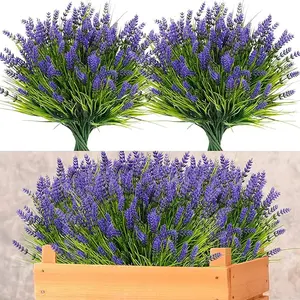 4 Bundles, Artificial Lavender Plants Outdoor, UV Resistant Faux Lavender Flowers with Grass for Hanging Planter, Artificial Plants for Garden Patio Pathway Front Porch House Decor, Fake Plant Decoration