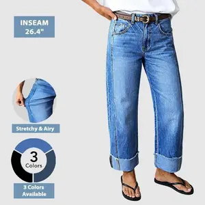 Flamingals Wash Seam Front Roll Raw Hem Mid Rise Straight Leg Jeans Womenswear Stretchy 26.8" Inseam Summer Vibes Flamingals Wash Seam Front Roll Raw Hem Mid Rise Straight Leg Jeans Womenswear Stretchy 26.8" Inseam Summer Vibes