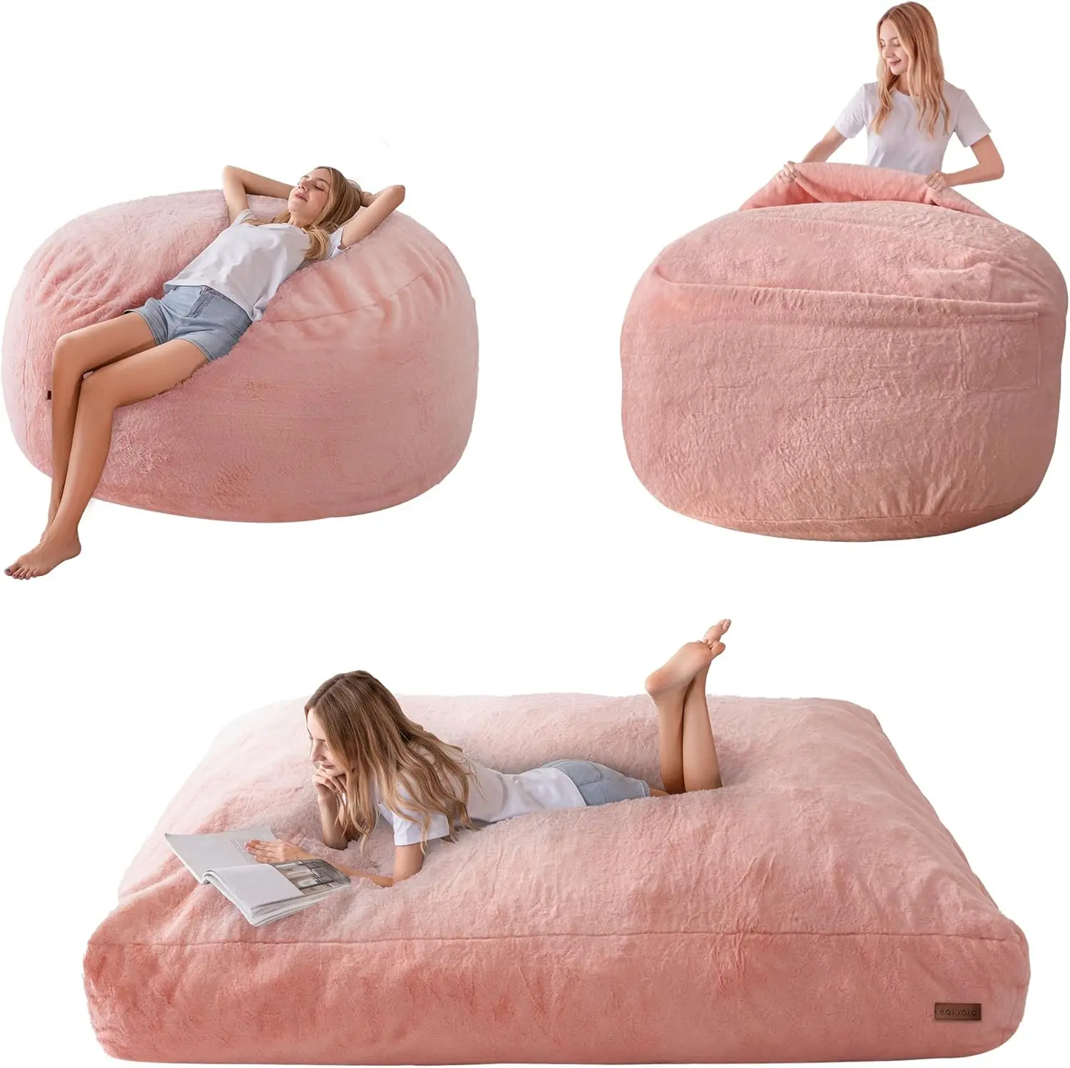 Giant Bean Bag Chair Lazy Sofa Bed for Adults Convertible Bean Bag Folds from Lazy Chair to Floor Mattress Bed Machine Washable Pink Bean Bag Couch