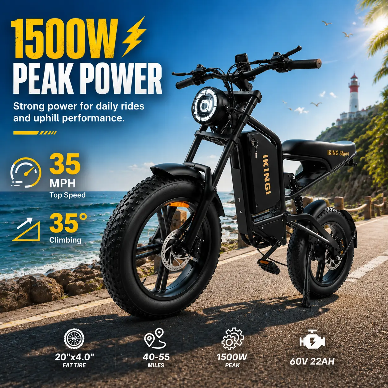 Adult Retro-Style Ebike - 1500W Peak Power, Up to 35 MPH，60V 22Ah Bat.,  40-60 Mi Range, 20x4.0 Fat Tires, Front & Rear  , 7-Speed Drivetrain, 3 Selectable Riding Modes， UL 2849 Certified Mountain Bike, Hydraulic Brake, Bold Look, Errand Trips, Long Saddl
