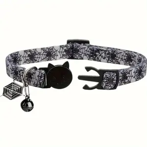Halloween Skeleton Spider Web Cat Collar with Bell, Adjustable Safety Buckle, Suitable for Small Cats and Dogs, Pet Accessories