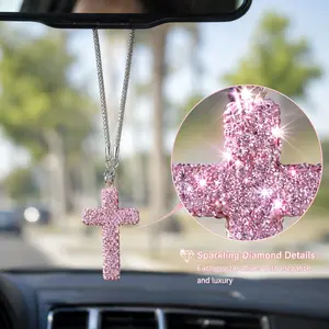 Bling Cross Car Hanging Ornament – Rhinestone Stainless Steel Rearview Mirror Pendant, Car Interior Decoration Accessory for Women & Men
