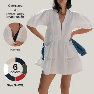 Fisoew Women Coral Mesh Cutout Puff Sleeve Mini Dress V Neck Zip Front Relaxed Fit Casual Summer Dress Breathable Lightweight Dress