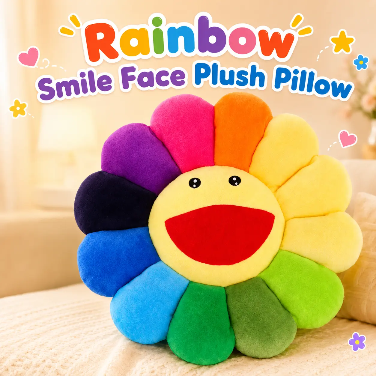 MIUVA 17-Inch Comfortable Plush Rainbow Smile Face Flower Throw Pillow, Kids' Office Desk Chair Cushion with Plush Toys Accent for Home Decorating (Bed, Sofa Use)