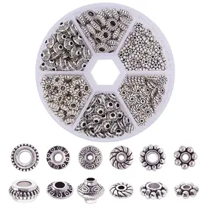 Antique Silver Spacer Beads, 300pcs 6-Style Tibetan Metal Alloy Tube/Flower/Flat Rondelle Loose Beads for Bracelet & Necklace Jewelry Making Supplies