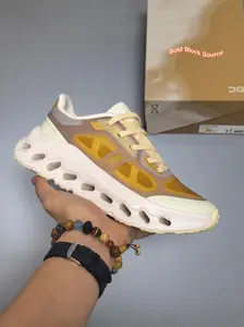 Beige-Brown-Yellow Color-Blocked Cushioned Running Shoes, Lightweight Breathable Mesh with Cloud-Like Midsole Design