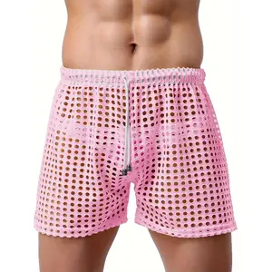 Men's Sexy Slim-Fit Fishnet Casual Shorts - Solid Color Semi-Sheer Mesh Lounge & Swim Shorts with Adjustable Drawstring Waist, Breathable for Beach, Poolside & Summer Outings, Semitransparent Fabric