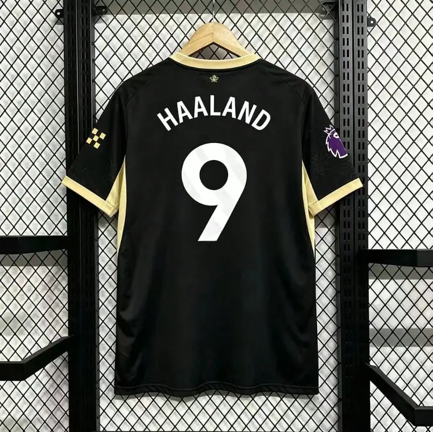 2026/2027 Black Away Soccer Jersey | Haaland #9 Player Fan Edition | Short Sleeve Football Shirt | Gold Contrast Details | Match Day Sportswear
