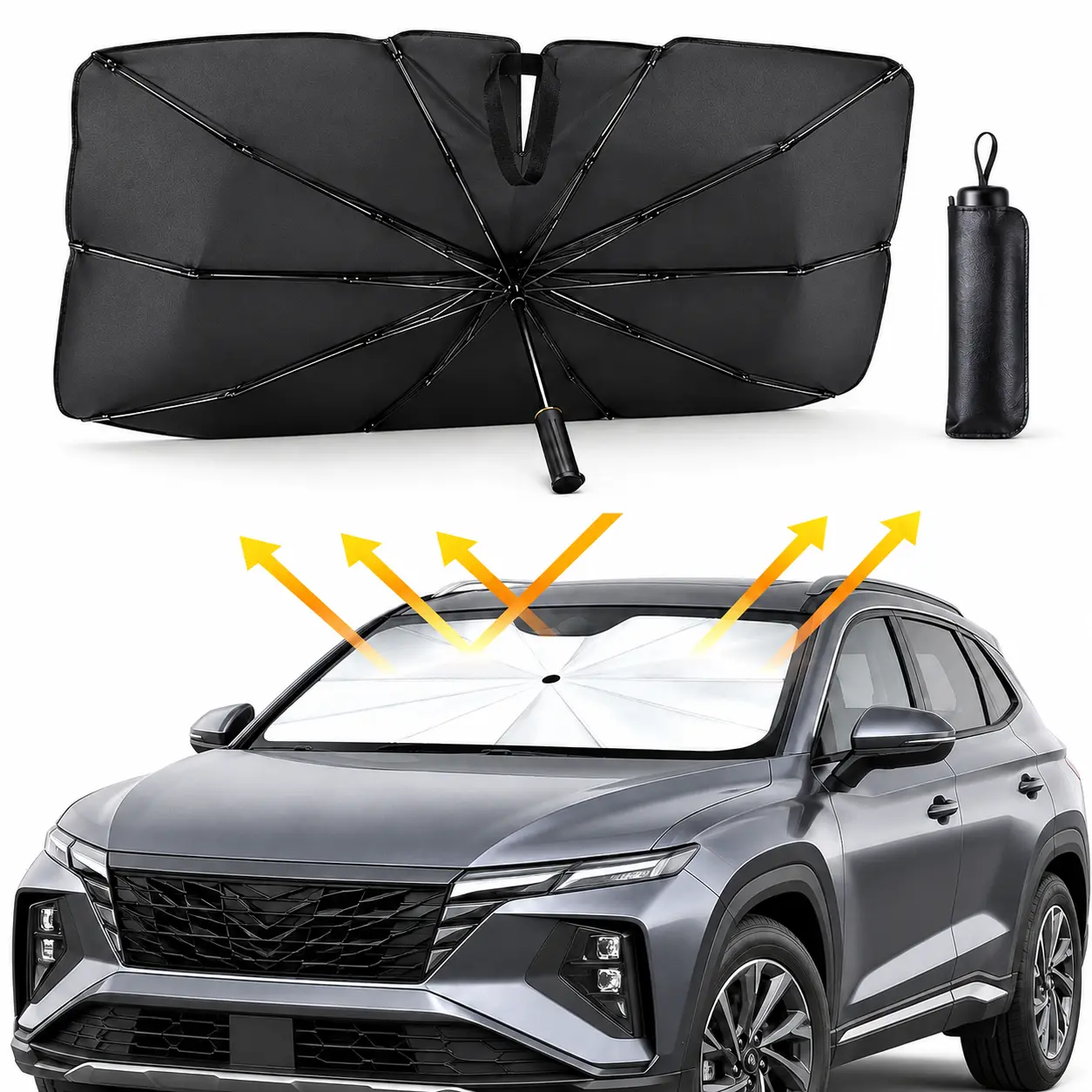Upgraded Reflective Car Windshield Sunshade Umbrella, Large Foldable Pop-Up Auto Front Window Heat Insulation Cover, 99% UVA-UVB Blocker Cooling Anti-Aging Shield for Sedan SUV, Portable Summer Cars Accessories, Foldable Windshield Sunshade Front Window