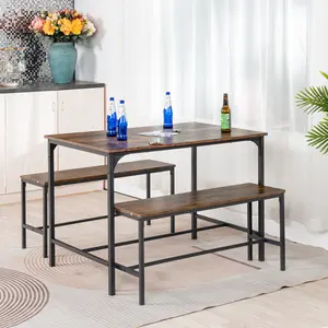 Homy Casa Lomaner 3-Piece Rustic Dining Table Set with Benches Classic Durable Industrial Wood Metal Design for Small Spaces