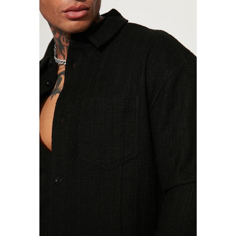 Dean Textured Long Sleeve Button Up Shirt - Black