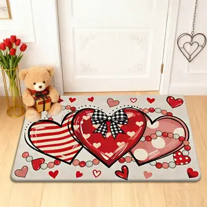 1pc Valentine'S Day Doormat | Vintage Polka Dot Stripe Heart Pattern with Plaid Bow and Bead Decorations, Romantic and Cozy Style, Suitable for Living Room, Bedroom, Entryway, Kitchen, Dining Room