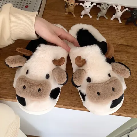 Fluffy Cow Slippers for Women, Cute Japanese Style Lambswool Lined Warm Footwear with a Non-Slip Sole for Winter Kitchen Use, Cotton, Party, Cute Slippers, Animal Print, Dining Room, Round Toe, Cow Print, Home Bathroom Slippers