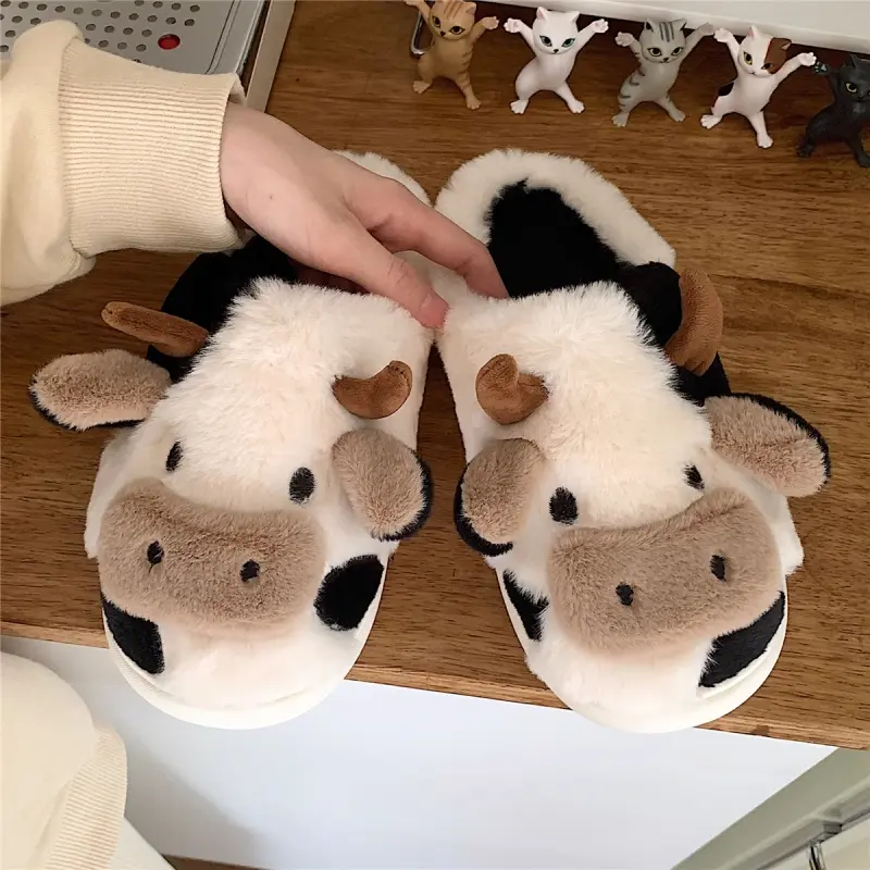 Fluffy Cow Slippers for Women, Cute Japanese Style Lambswool Lined Warm Footwear with a Non-Slip Sole for Winter Kitchen Use, Cotton, Party, Cute Slippers, Animal Print, Dining Room, Round Toe, Cow Print, Home Bathroom Slippers