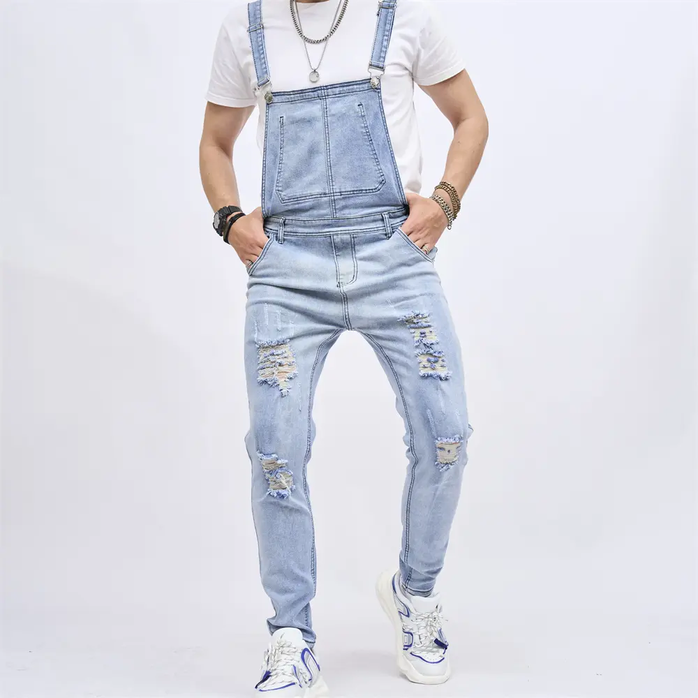 Men Slim Jeans Hip Hop Ripped Distressed Bib Overalls Jumpsuits Jeans Male Motorcycle Stylish Strap Jeans Biker Denim Trousers Menswear Beige