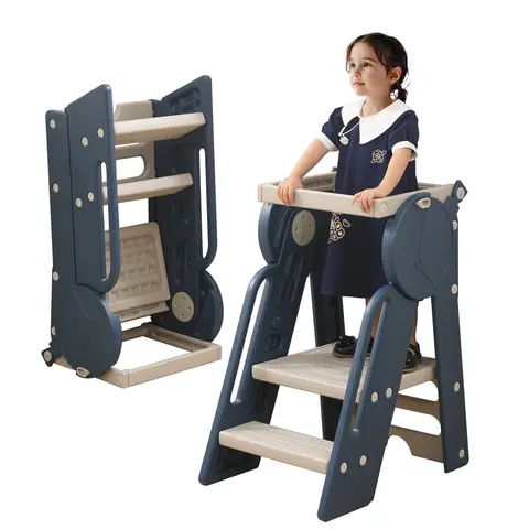 UNICOO Kids Toddler Tower & Ladder, Kitchen Step Stool, Months 12-84 Learning Stool with Adjustable Guardrail, Toddler Step Stool for Kitchen (OM-F3)
