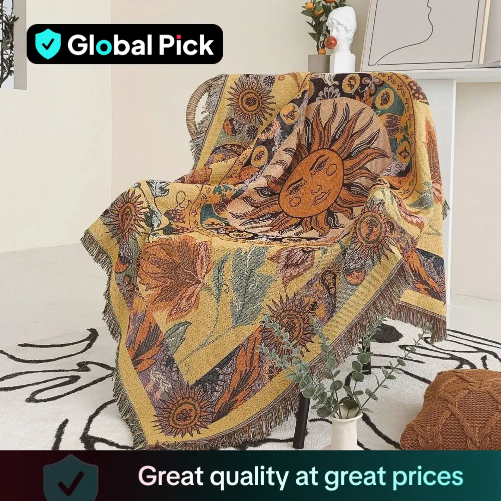 Boho Style Sun Print Tassel Blanket, Casual Soft Throw Blanket, All Season Thick Warm Blanket, Breathable Comfortable Blanket, Comfy Bedding for Hallo