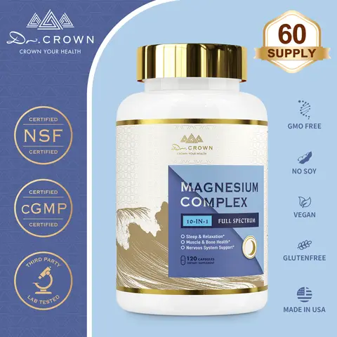 Dr. CROWN 10-in-1 Magnesium Dietary Supplement Complex Capsules - Deep Sleep Aid, Nerve Support, Heart Health Supplements, Muscle Relaxation - 120 Capsules