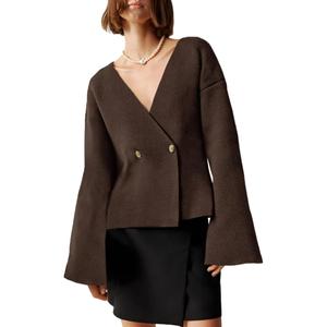 ARTFREE Womens V Neck Cardigans Long Bell Sleeve Button Down Open Front Loose Knit Fall Sweater Blazer