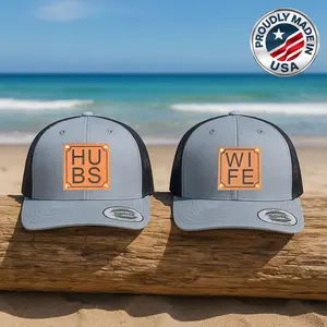 Hubs & Wife Matching Hats  – Laser Engraved Leather Patch Caps – His and Hers Snapback – Anniversary Gift for Couples