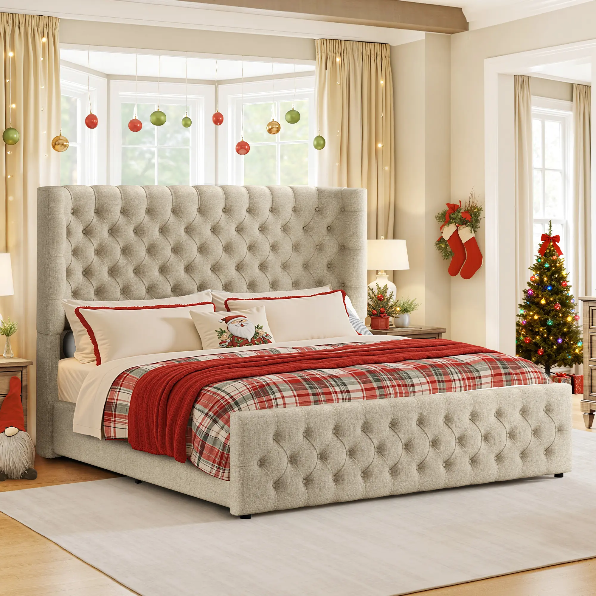 [SummerWins] [SummerFinds] ALBOTT Upholstered Bed Frame with 6.3-Inch Curved Wingback Headboard, Tufted Footboard, Wood Slats, No Box Spring Needed, Khaki Linen/White/Black/Light Grey