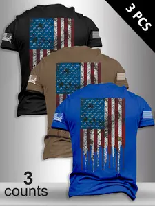 Men's Flag Series Short Sleeve Casual Streetwear Graphic T-Shirts Set, Summer Fashion Outdoor Travel Tees, 3 Pack Fitted Style, Moderate Fabric