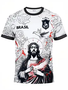 A Brazilian Soccer Jersey Featuring Designs of Christ The Redeemer, Doves, And Roses, Specifically Made for Football Fans,  Size