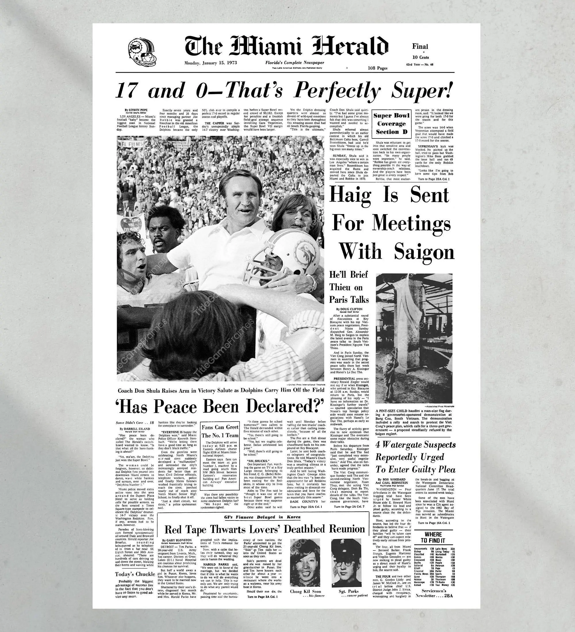 1973 Miami Dolphins Super Bowl VII Champions Unframed Poster Don Shula