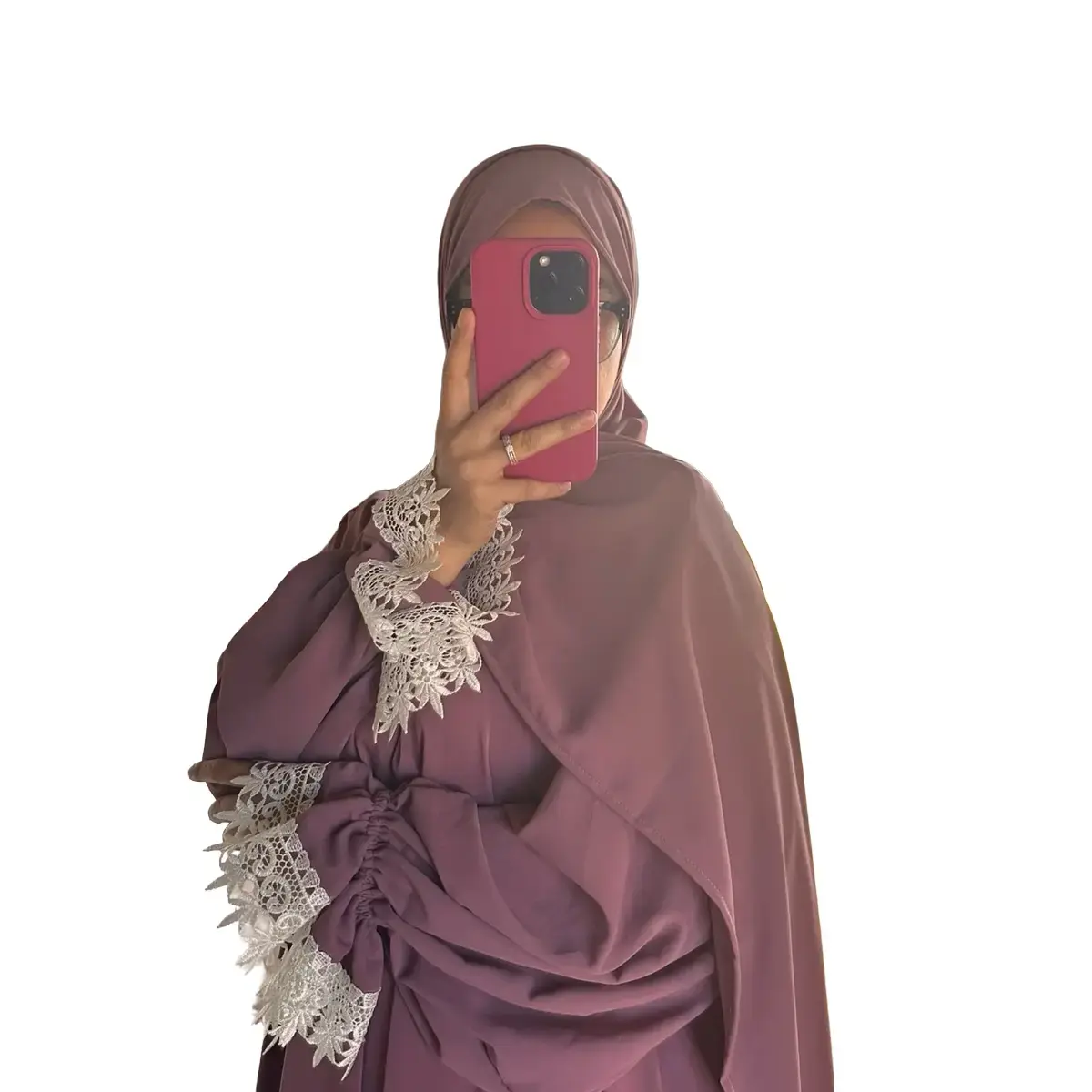 SF Luxury Praying Abaya with White Lace Ribbon and Medina silk  for Muslim Women