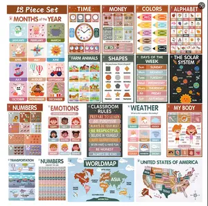 18 Laminated Bohemian Educational Posters, Preschool Posters for Classroom, Early Education Toddler Learning Poster for Kids Ages 3-5, for Classroom & Homeschool Decor ABC Alphabet, Numbers, Shapes Wall Chart Teaching Supplies