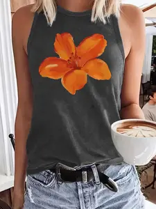 The sun rises Floral Print Fitted Tank Top, Everyday Casual Style Crew Neck Sleeveless Vest For Summer, Women's Clothing