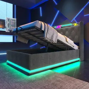 Twin Size Lift Up Storage Bed Frame with 360 Surround LED Lights, Buttons, Apps or Remote Control, USB Type-C Charging, Linen Upholstered Platform Bed with Headboard for Bedroom, Grey