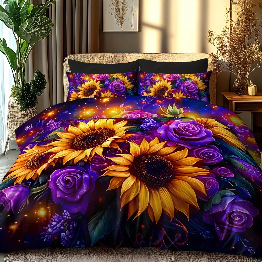 3pcs Decorative Bedding Set Sunflower Design, Soft Polyester Flannel Printed Duvet Cover Set, Includes 1 Fitted Sheet & 2 Pillowcases, Sunflower Floral Bedding Set