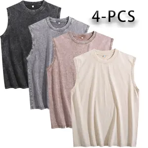 Men's Vintage Washed Sleeveless Tank Tops, 4 Pack Oversized Acid Wash Muscle Shirts, Crew Neck Loose Fit Gym Workout Tees for Casual Streetwear