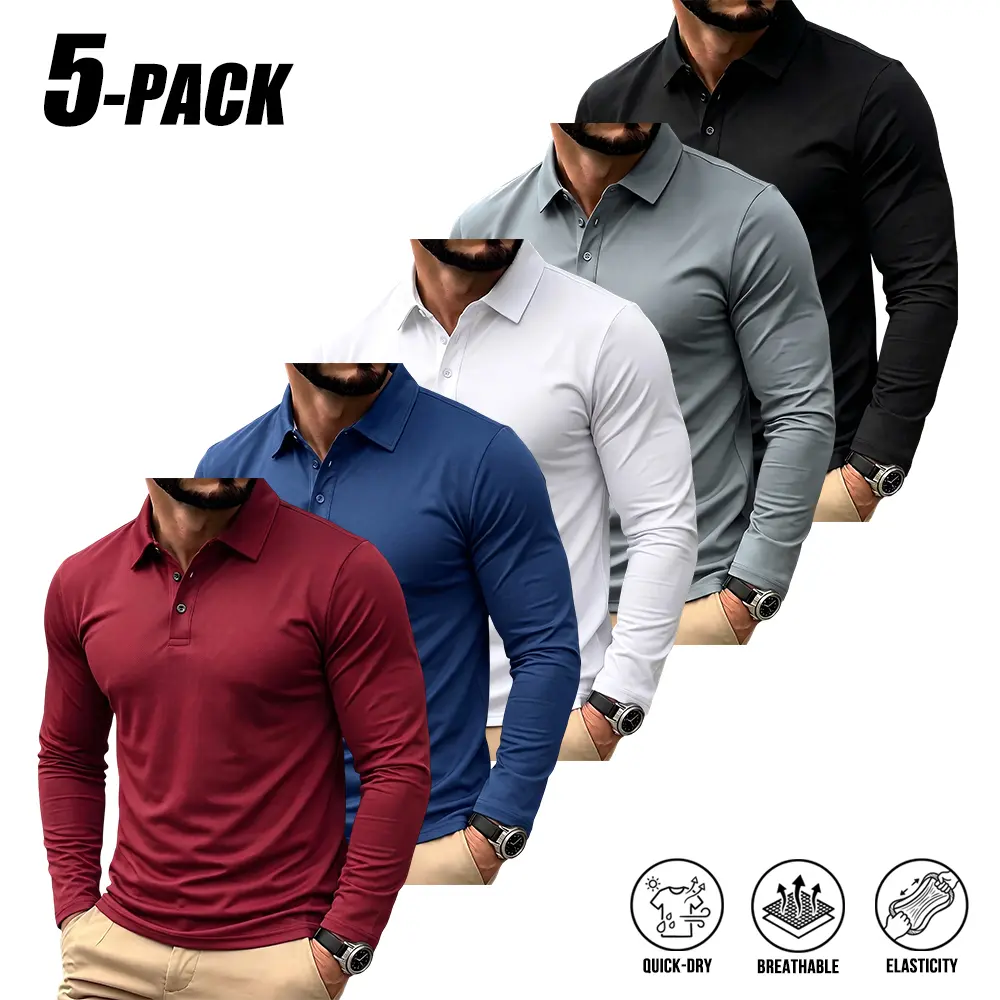 5-PACK Versatile Plain Long Sleeve Collared Polo Shirts, Comfort Stretch Quick Dry Breathable Mesh, Clean Fit Minimal Urban All-Season Casual Golf Tops For Urban Outdoor Daily Wear Bundl