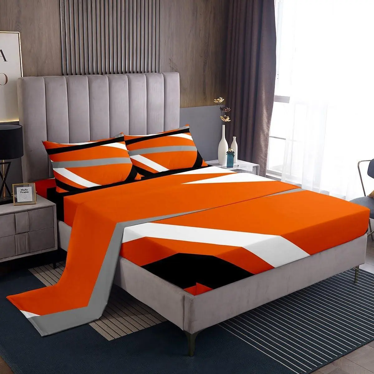 Orange Gray Black Striped Sheets Modern Abstract Bed Sets Geometric Lines Sheets Aesthetic Boho Flat Fitted Sheet